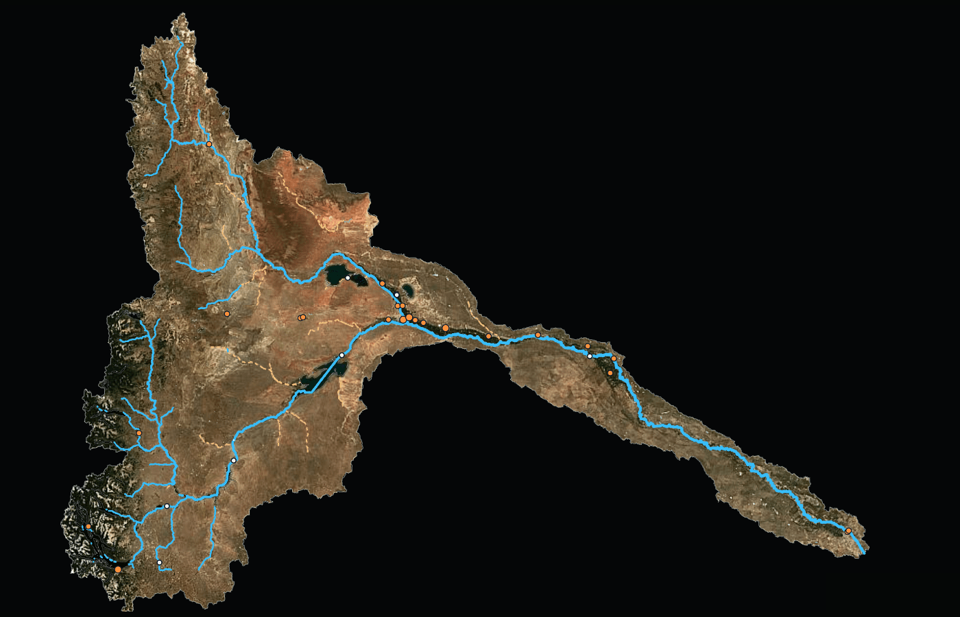 Imagen satelital de la cuenca del Río Negro con sus ríos resaltados en celeste